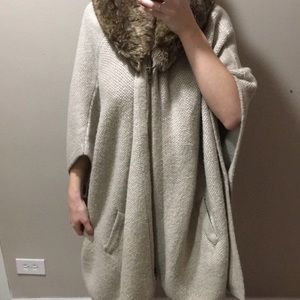 Zara knit zip poncho with fur trimmed hood